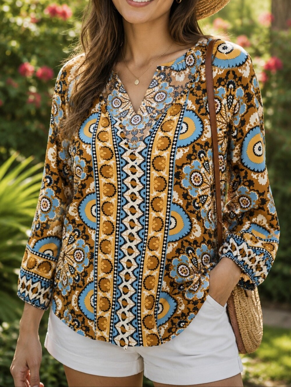 NWT Liverpool Mustard Blue Boho Floral Lace-Up Blouse Lightweight Peasant Top